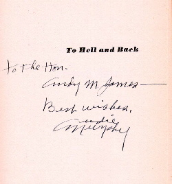 The autographed title page of TO HELL AND BACK. Image provided by Georgia James.