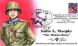 Hand painted cachet honoring Audie Murphy. Image provided by Julian Pugh, cachet artist.