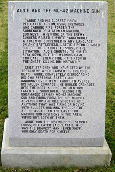 One of the many stone tablets which are part of the memorial to Audie Murphy and Hunt County war veterans.