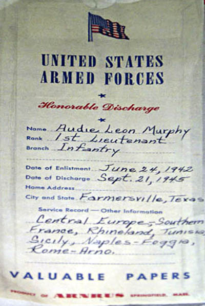 Paper jacket for discharge papers of Audie Murphy.