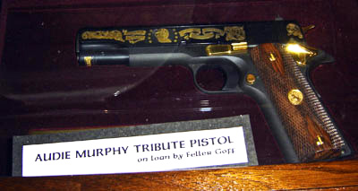 A collector's Audie Murphy Tribute .45 Caliber pistol on loan by his friend Feller Goff.