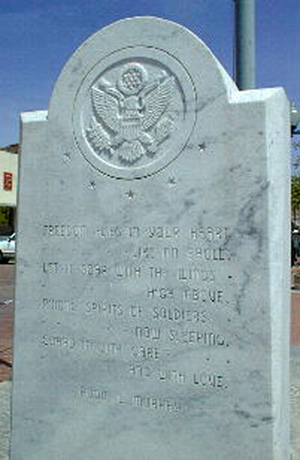 Rear of Farmersville, Texas stone marker dedicated to Audie Murphy.
