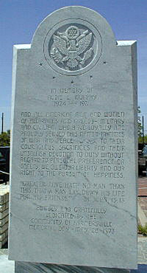 Front of Farmersville, Texas stone marker dedicated to Audie Murphy.