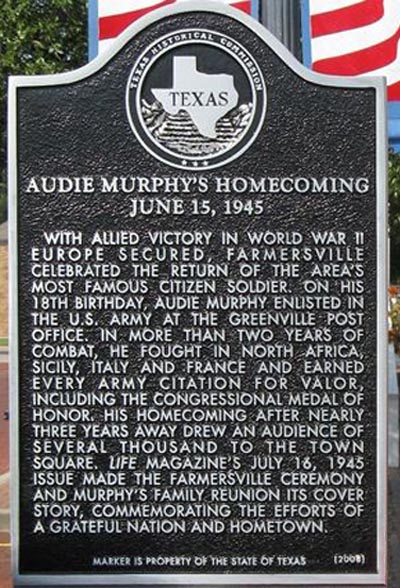 Texas Historical marker commemorating Audie's homecoming parade, June 15, 1945 at Farmersville, Texas. Photo source: http://www.texasescapes.com