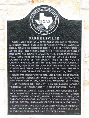 Texas Historical marker describing the significant historical facts of Farmersville, Texas including a mention about Audie Murphy.