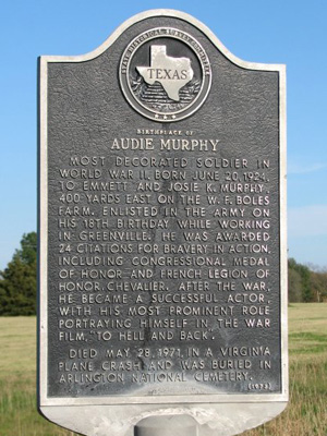 Texas Historical marker outside of Kingston, Texas marking the birthplace of Audie Murphy.