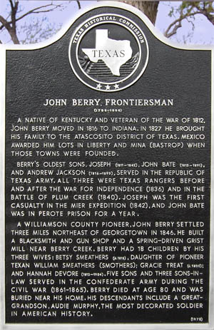 Texas Historical marker of John Berry, great grandfather of Audie Murphy, located at Georgetown, Williamson County, Texas.