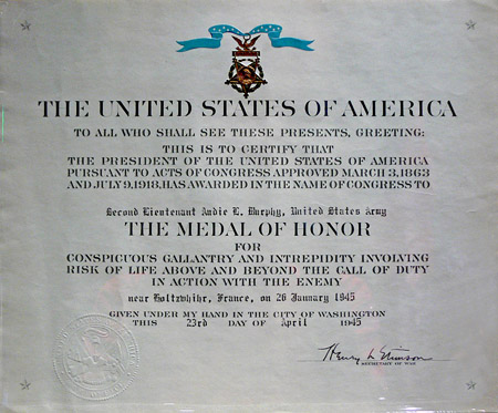 Medal of Honor certificate of Audie Murphy on display at the Smithsonian Museum of American History.