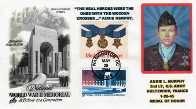 First day cover and cachet honoring Audie Murphy. Image provided by Betty Tate. Click image for a larger view.