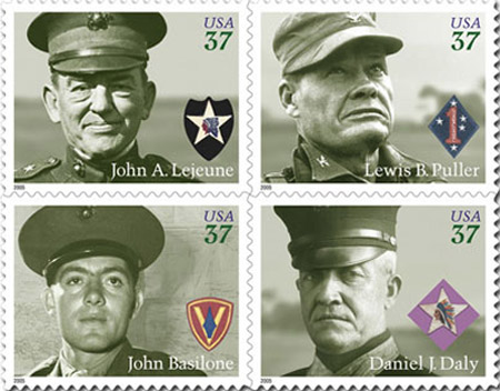 Marine Corps service members Gunnery Sergeant John Basilone, Sergeant Major Daniel "Dan" Joseph Daly, Lieutenant General John A. Lejeune, and Lieutenant General Lewis B. "Chesty" Puller. Issued 10 November 2005.