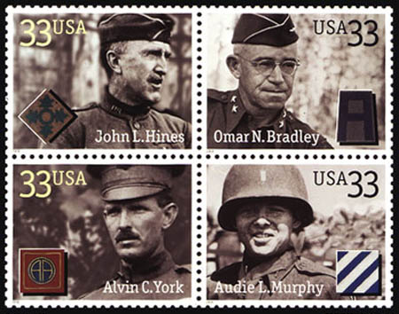 Distinguished Military Service Member Commemorative Stamp Series honoring Army service members Audie L. Murphy, Alvin C. York, General John L. Hines, and General Omar Bradley. Issued 3 May 2000.