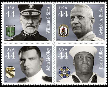 Distinguished Military Service Member Commemorative Stamp Series honoring Navy service members Vice Admiral William S. Sims, Admiral Arleigh A. Burke, Lieutenant Commander John McCloy, and Petty Officer Doris Miller. Issued February 4, 2010.